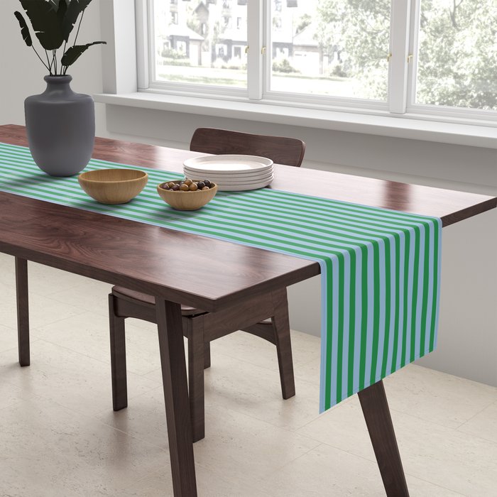 Ultra Fine Stripes Green and Light Blue Thin Stripe Pattern Table Runner Gallery Image 2