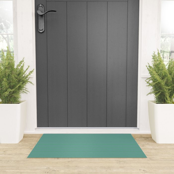 Ultra Fine Stripes Green and Light Blue Thin Stripe Pattern Welcome Mat Gallery Image 3
