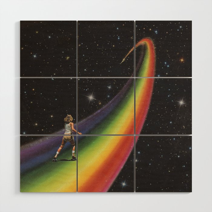 Retro Cosmic Rainbow Roller Skating Wood Wall Art Gallery Image 1