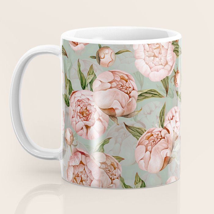 Peach Peonies Watercolor Pattern on Teal Sepia  Coffee Mug Gallery Image 3
