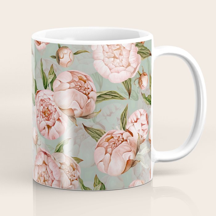 Peach Peonies Watercolor Pattern on Teal Sepia  Coffee Mug Gallery Image 1