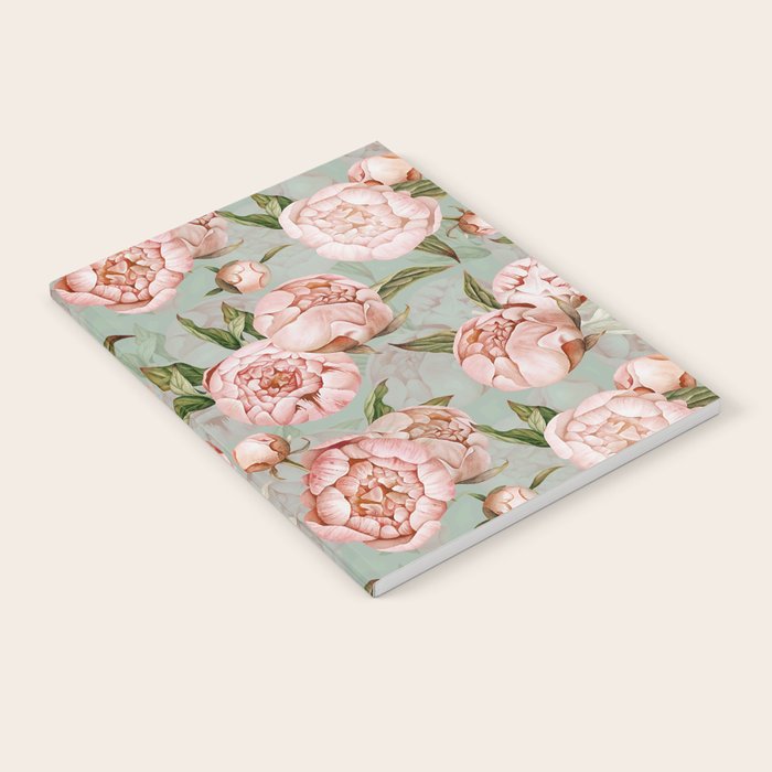 Peach Peonies Watercolor Pattern on Teal Sepia  Notebook Gallery Image 1