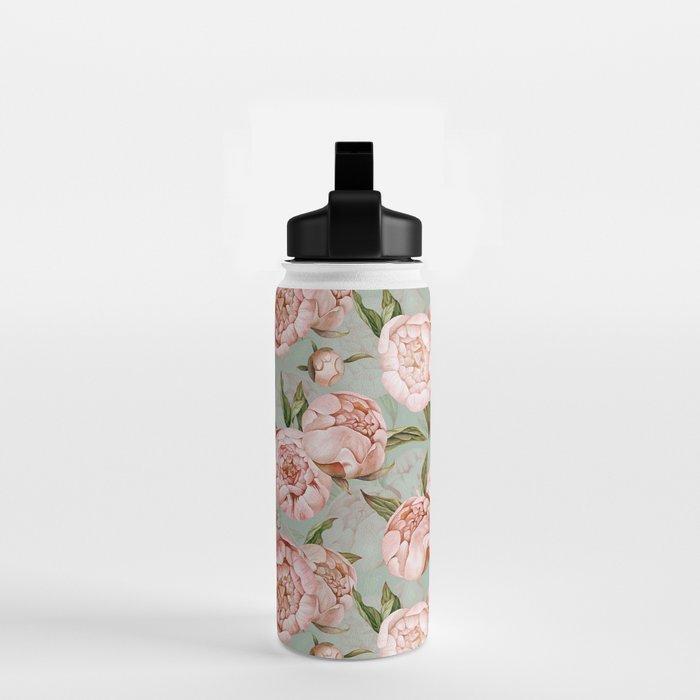 Peach Peonies Watercolor Pattern on Teal Sepia  Water Bottle Gallery Image 2