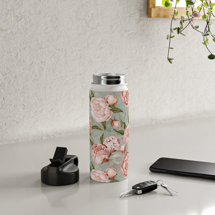 Peach Peonies Watercolor Pattern on Teal Sepia  Water Bottle Gallery Image 4