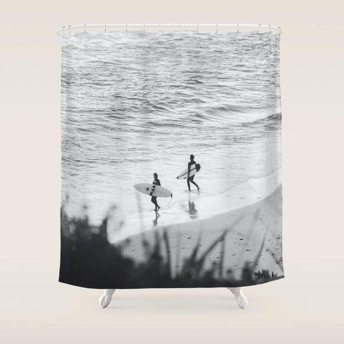 Surfers | Minimalist Black White Photography | Ocean Beach Travel Photo Shower Curtain Gallery Image 1