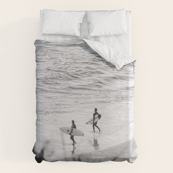 Surfers | Minimalist Black White Photography | Ocean Beach Travel Photo Duvet Cover Gallery Image 6
