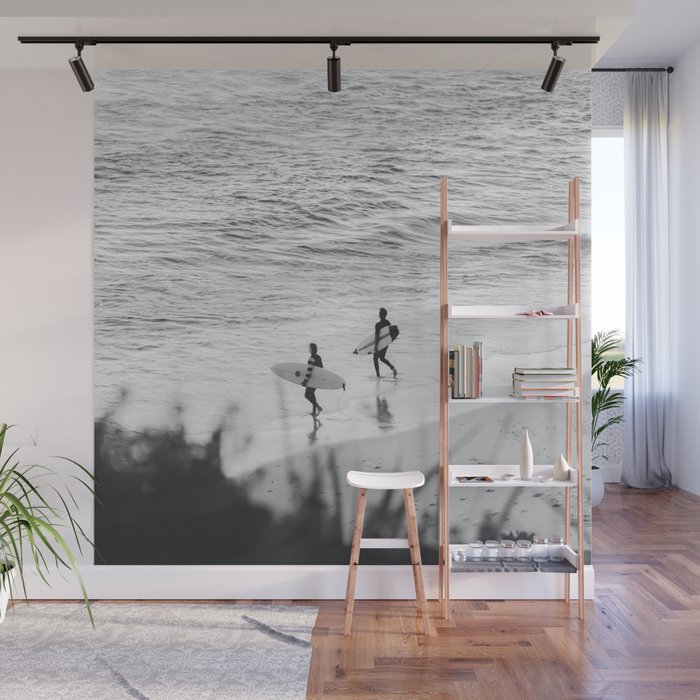 Surfers | Minimalist Black White Photography | Ocean Beach Travel Photo Wall Mural Gallery Image 1