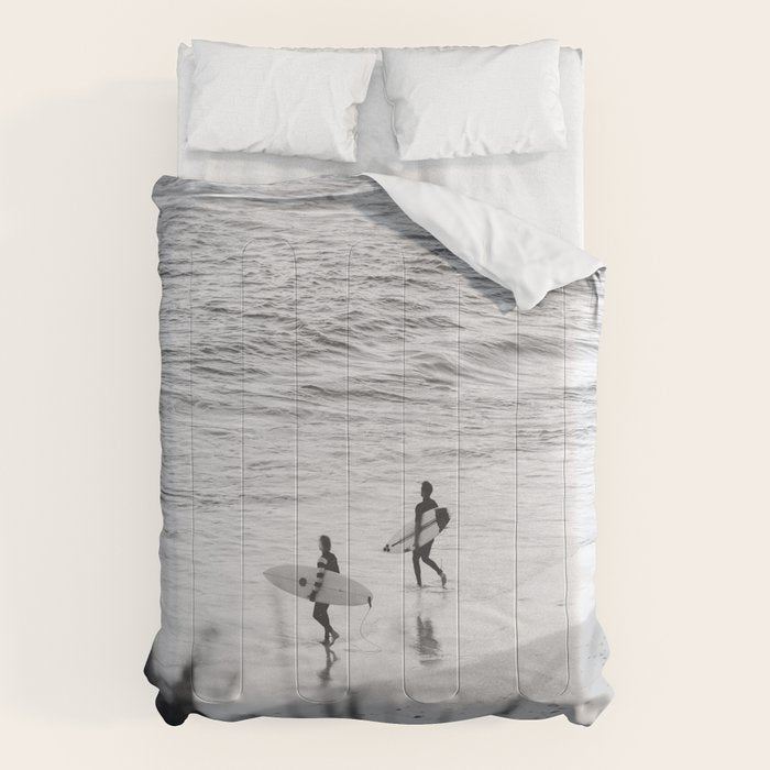 Surfers | Minimalist Black White Photography | Ocean Beach Travel Photo Comforter Gallery Image 6