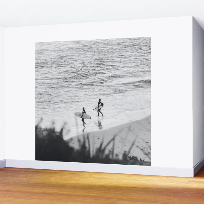 Surfers | Minimalist Black White Photography | Ocean Beach Travel Photo Wall Mural Gallery Image 2