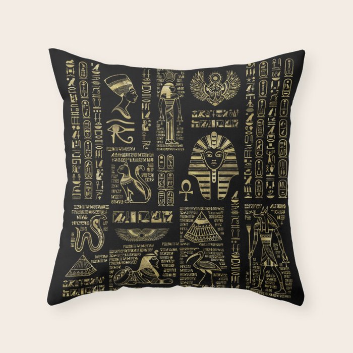 Egyptian hieroglyphs and deities gold on black Throw Pillow Gallery Image 6