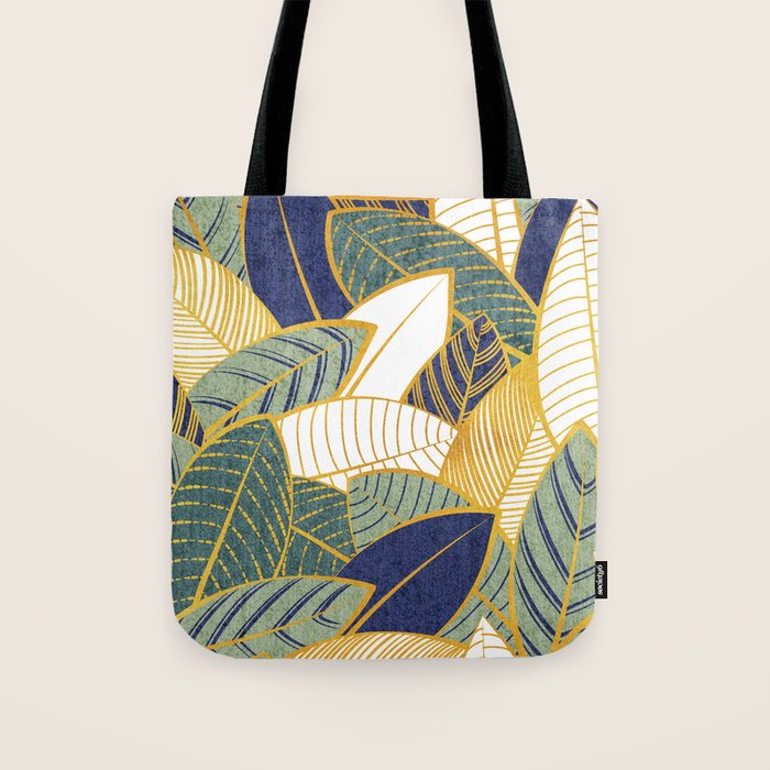 Leaf wall // navy blue pine and sage green leaves golden lines Tote Bag Gallery Image 1