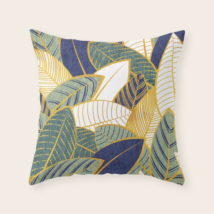Leaf wall // navy blue pine and sage green leaves golden lines Throw Pillow Gallery Image 6