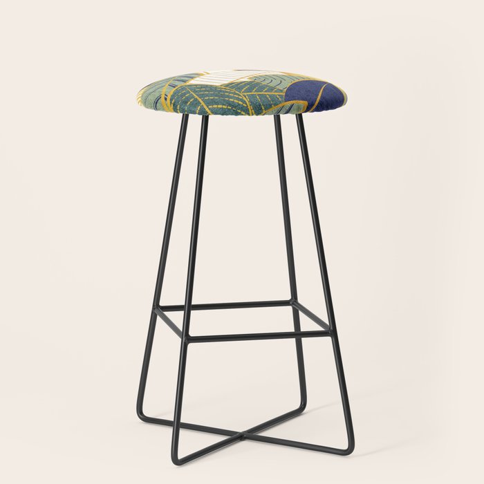 Leaf wall // navy blue pine and sage green leaves golden lines Stool Gallery Image 1