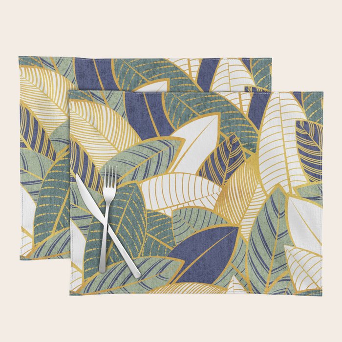 Leaf wall // navy blue pine and sage green leaves golden lines Placemat Gallery Image 1