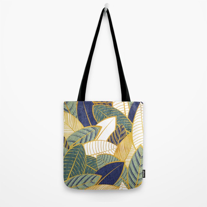 Leaf wall // navy blue pine and sage green leaves golden lines Tote Bag Gallery Image 2