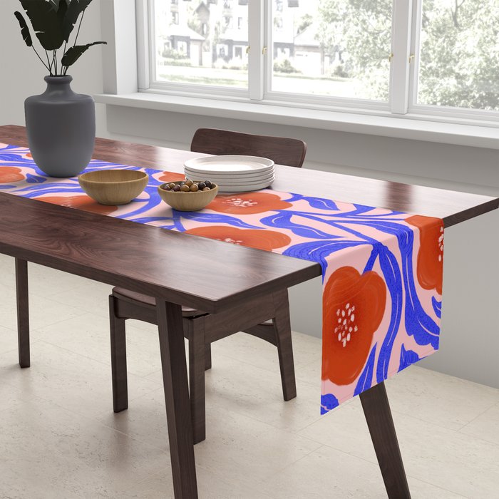 Bold Red Flowers And Blue Leaves Table Runner Gallery Image 2