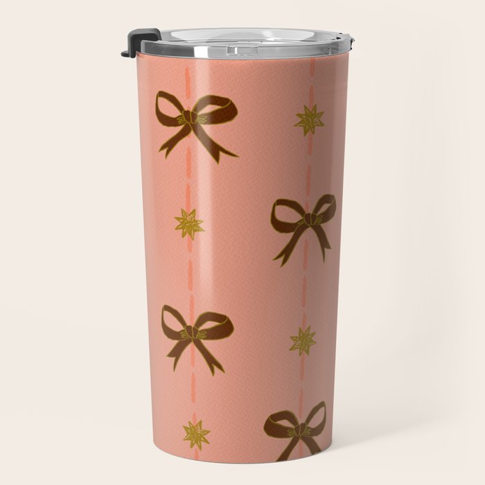 Cute Hair Bows & Stars in Peach & Brown Travel Mug Gallery Image 3