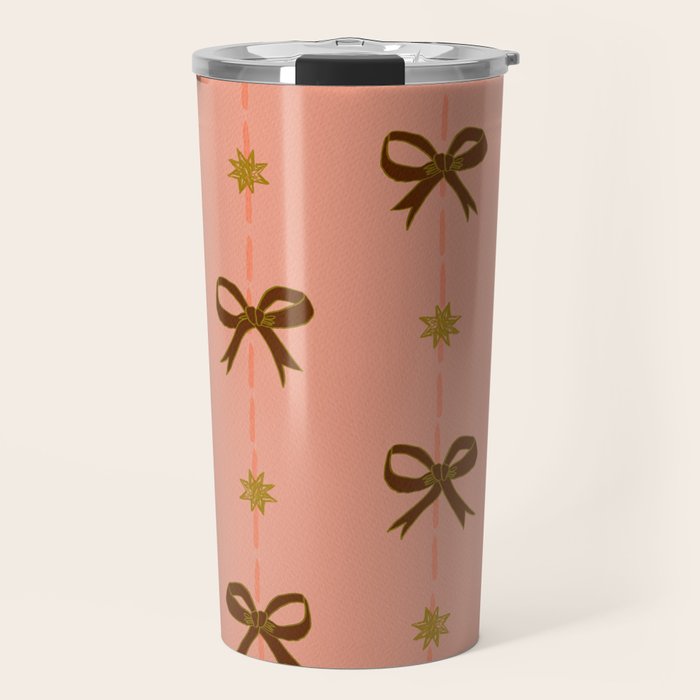 Cute Hair Bows & Stars in Peach & Brown Travel Mug Gallery Image 1
