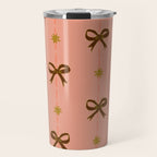 Cute Hair Bows & Stars in Peach & Brown Travel Mug Gallery Image 1