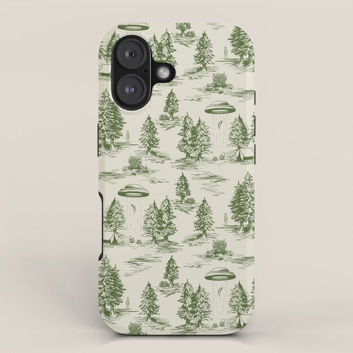 Green Alien Abduction Toile De Jouy Pattern iPhone Case Gallery Image 1