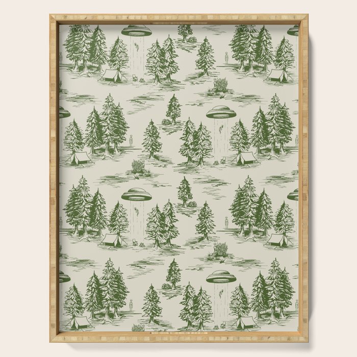 Green Alien Abduction Toile De Jouy Pattern Serving Tray Gallery Image 1