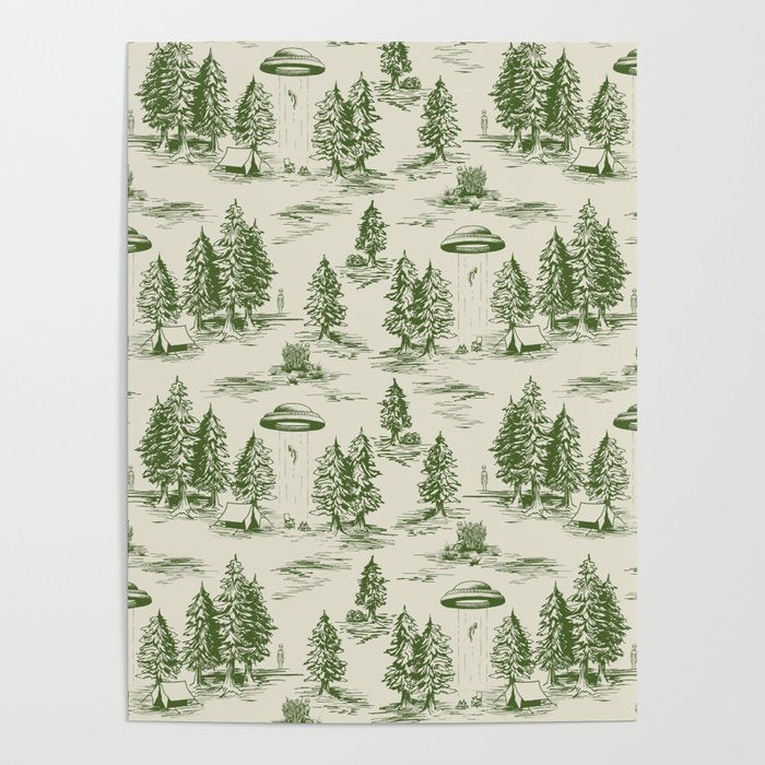 Green Alien Abduction Toile De Jouy Pattern Poster Gallery Image 4