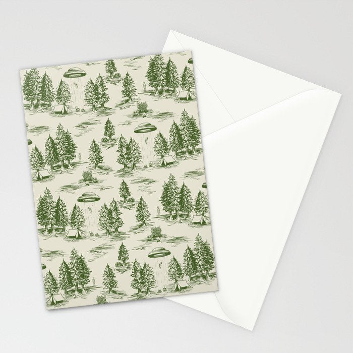 Green Alien Abduction Toile De Jouy Pattern Stationery Card Gallery Image 2