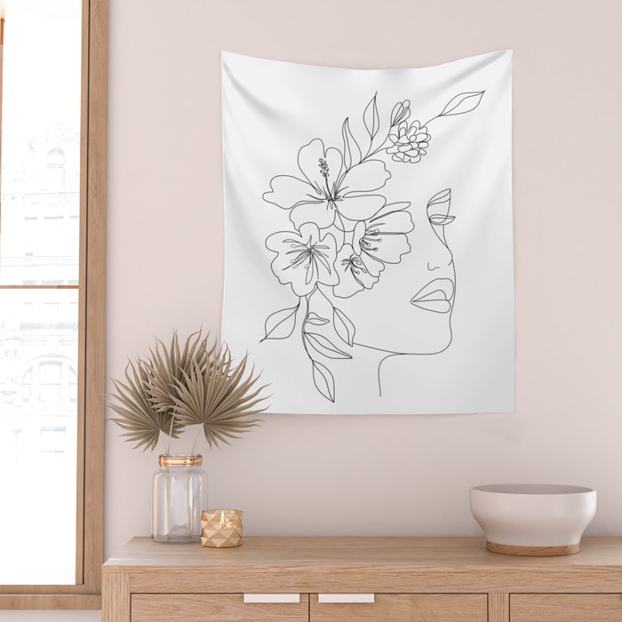 Minimal Line Art Woman Face II Wall Tapestry Gallery Image 2