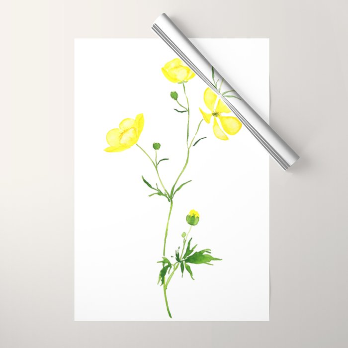 yellow buttercup flower watercolor Wrapping Paper Gallery Image 1