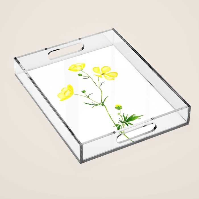 yellow buttercup flower watercolor Acrylic Tray Gallery Image 1