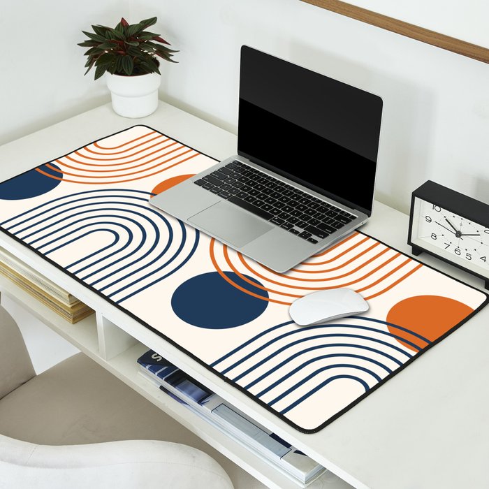 Mid Century Modern Geometric 199.2 in Navy Blue Orange Desk Mat Gallery Image 2
