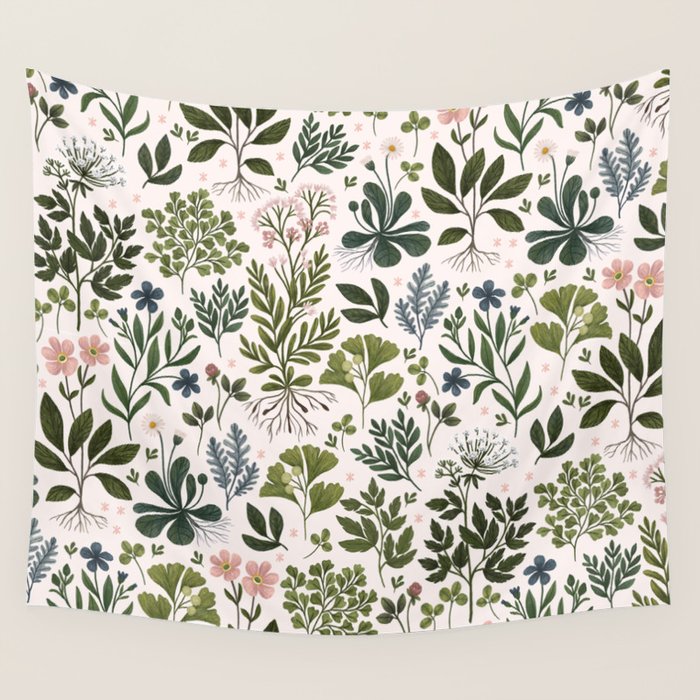 Herbarium ~ vintage inspired botanical art print ~ white Wall Tapestry Gallery Image 4