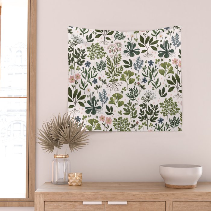 Herbarium ~ vintage inspired botanical art print ~ white Wall Tapestry Gallery Image 2