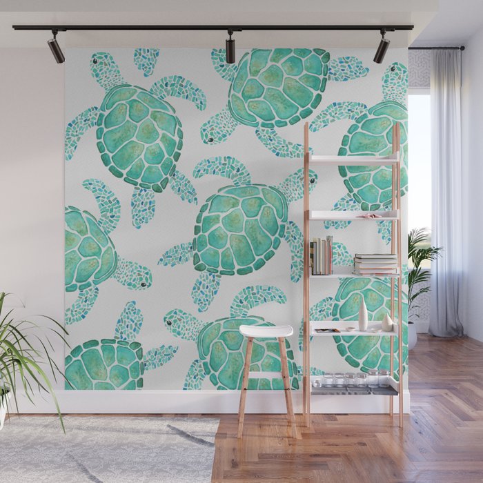 Sea Turtle Pattern - Blue Wall Mural Gallery Image 1
