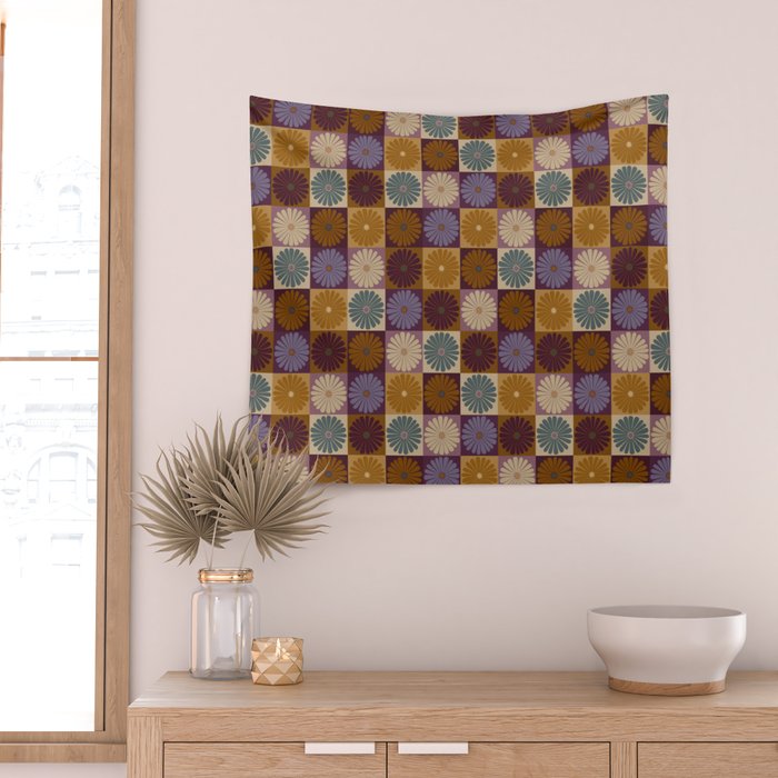 Retro Flowers Check Pattern X Wall Tapestry Gallery Image 2