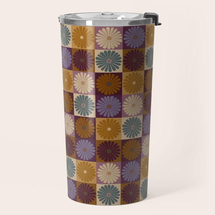Retro Flowers Check Pattern X Travel Mug Gallery Image 2