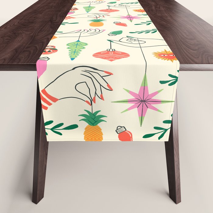 Tree Trimming Hands and Retro Ornaments Table Runner Gallery Image 1