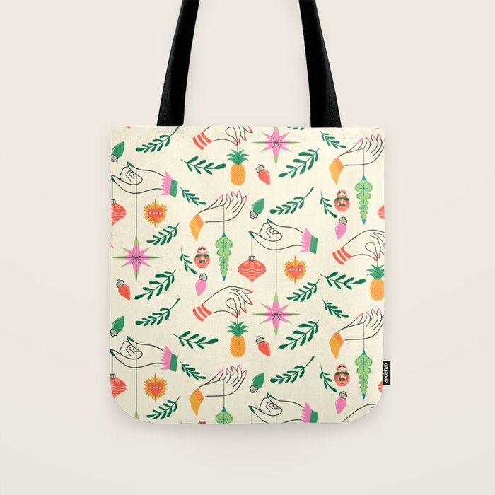 Tree Trimming Hands and Retro Ornaments Tote Bag Gallery Image 1