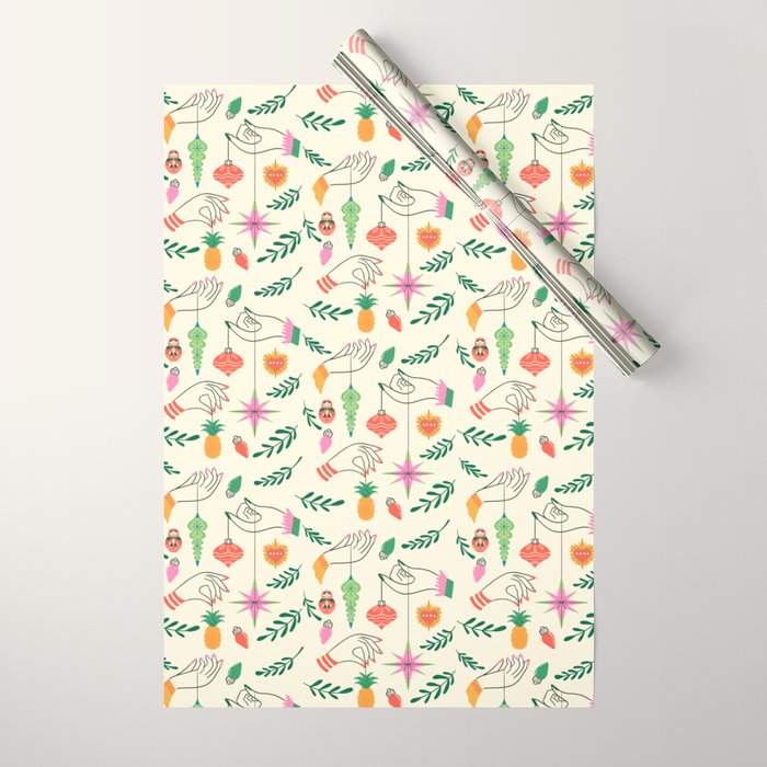 Tree Trimming Hands and Retro Ornaments Wrapping Paper Gallery Image 1