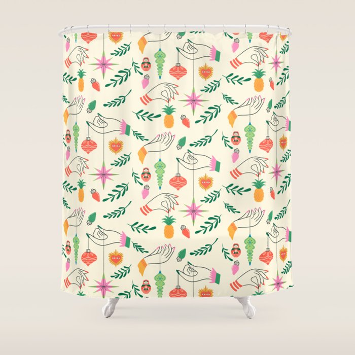 Tree Trimming Hands and Retro Ornaments Shower Curtain Gallery Image 1