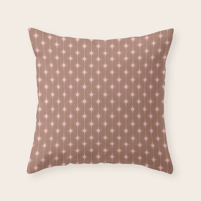 Midcentury Stars and Dots Atomic Pattern in Mocha and Pink Throw Pillow Gallery Image 1