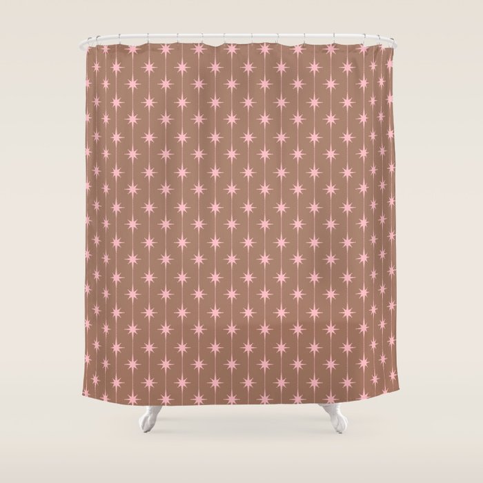 Midcentury Stars and Dots Atomic Pattern in Mocha and Pink Shower Curtain Gallery Image 1