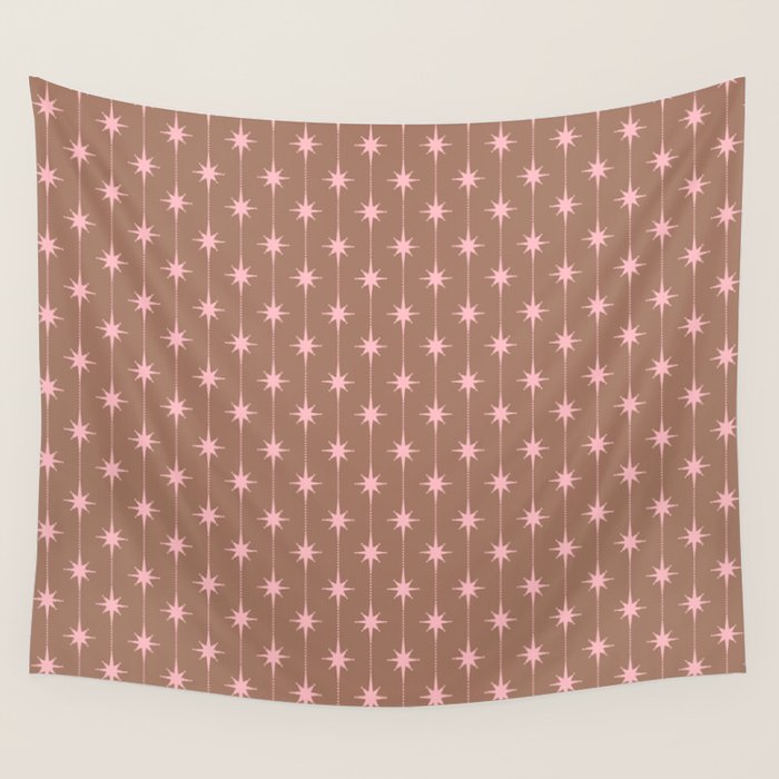 Midcentury Stars and Dots Atomic Pattern in Mocha and Pink Wall Tapestry Gallery Image 4