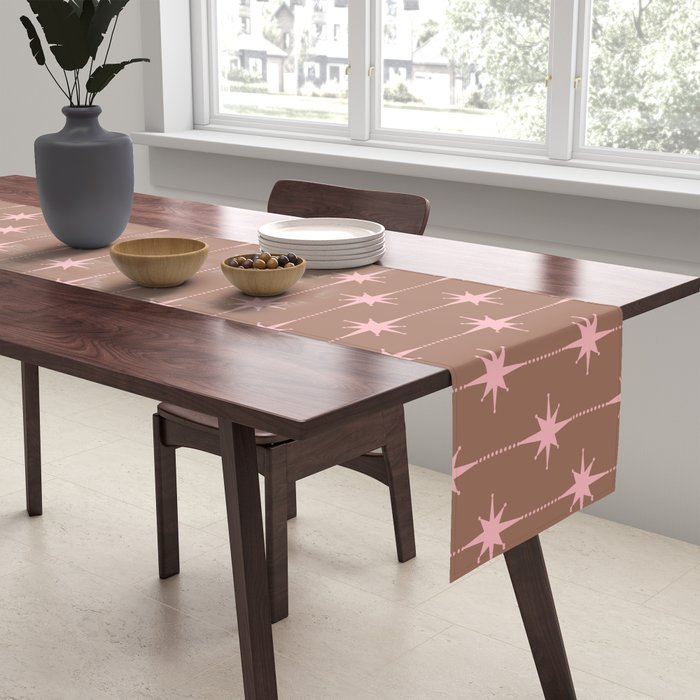 Midcentury Stars and Dots Atomic Pattern in Mocha and Pink Table Runner Gallery Image 2