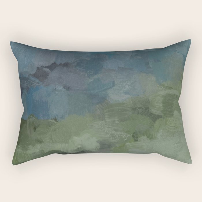 Journey Into the Mountains - Gray Blue Navy Indigo Sage Leafy Green Sky Forest Abstract Painting, Rectangular Pillow Gallery Image 2