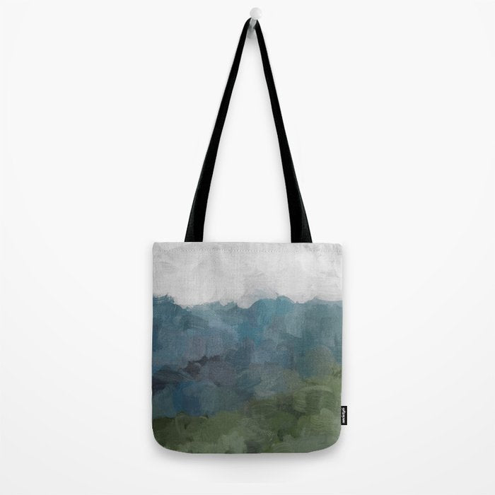 Journey Into the Mountains - Gray Blue Navy Indigo Sage Leafy Green Sky Forest Abstract Painting, Tote Bag Gallery Image 2