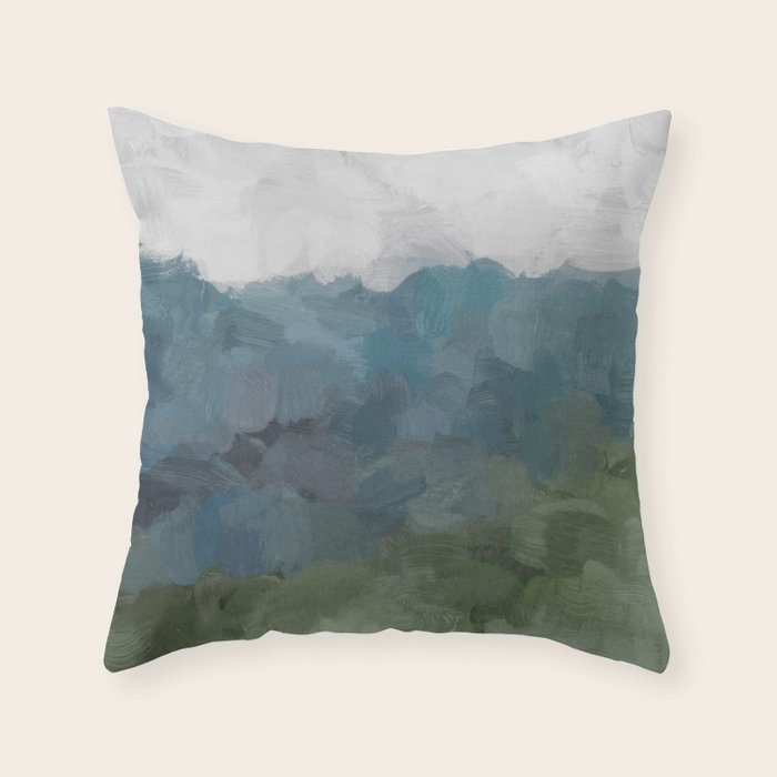 Journey Into the Mountains - Gray Blue Navy Indigo Sage Leafy Green Sky Forest Abstract Painting, Throw Pillow Gallery Image 6