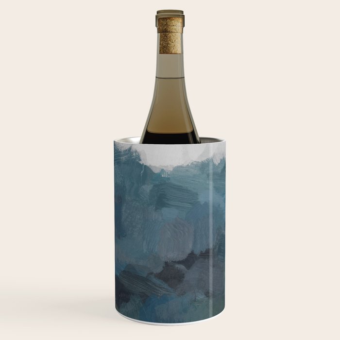 Journey Into the Mountains - Gray Blue Navy Indigo Sage Leafy Green Sky Forest Abstract Painting, Wine Chiller Gallery Image 2