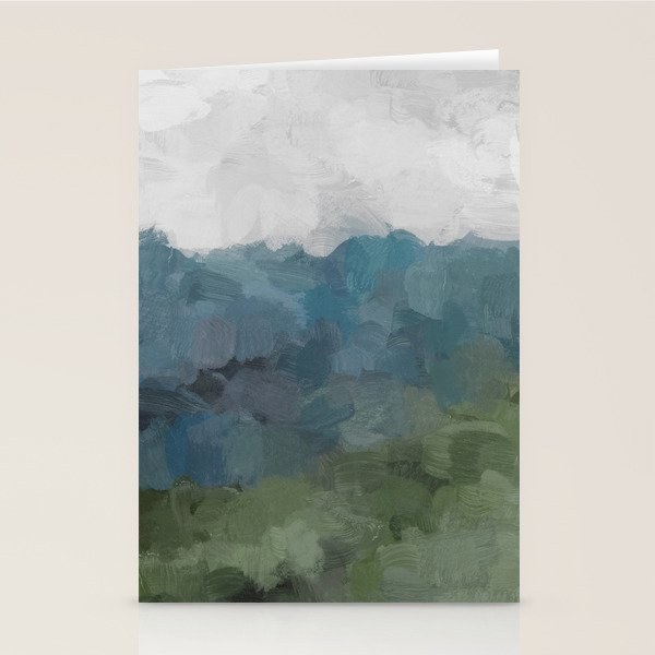 Journey Into the Mountains - Gray Blue Navy Indigo Sage Leafy Green Sky Forest Abstract Painting, Stationery Card Gallery Image 1