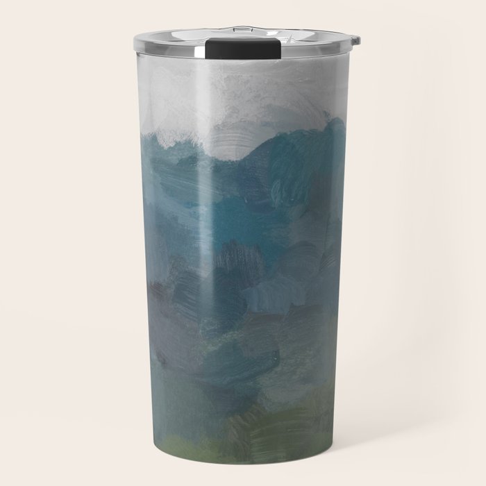 Journey Into the Mountains - Gray Blue Navy Indigo Sage Leafy Green Sky Forest Abstract Painting, Travel Mug Gallery Image 1